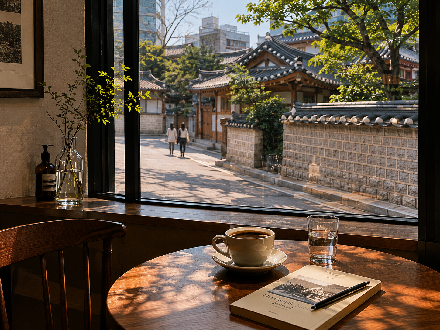 A coffee table by a window after a walk through Seoul.