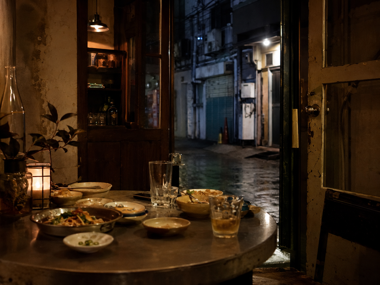 A late dining table in Euljiro with glassware and low evening light.