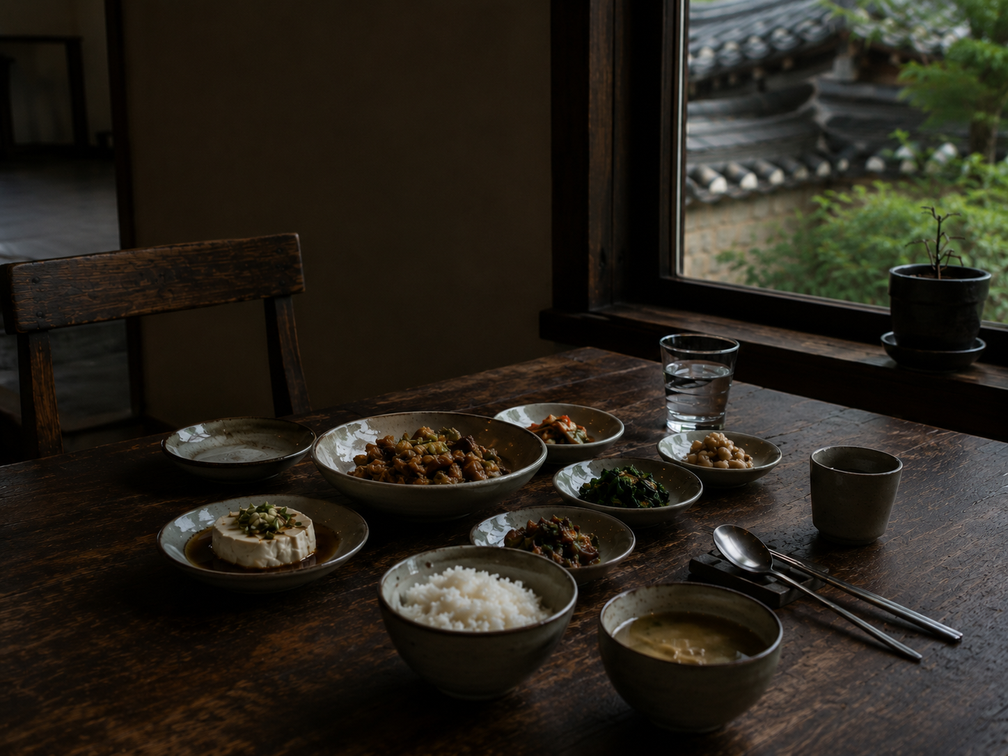 A quiet Korean table set with ceramic bowls and low evening light.